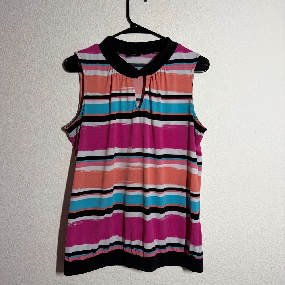 Worthington Blouse Top Womens Large Pink Blue Striped Keyhole Neck Sleeveless